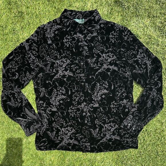 Vintage Y2K Lauren Ralph Lauren WhimsyGoth Sheer Paisley Velvet Button Blouse Sm - Picture 1 of 11